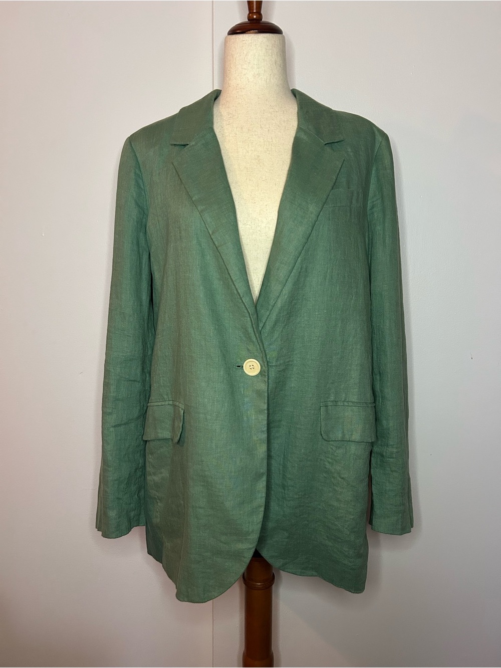 MADEWELL Green Linen Casual Single-Button Cream Blazer Long Sleeve